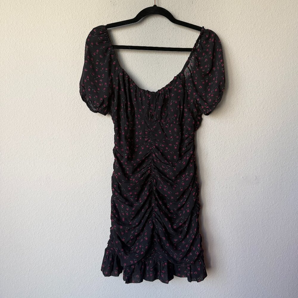 Victoria + Sophia Dark Floral Ruched Ruffle Mini Dress NWT Size M